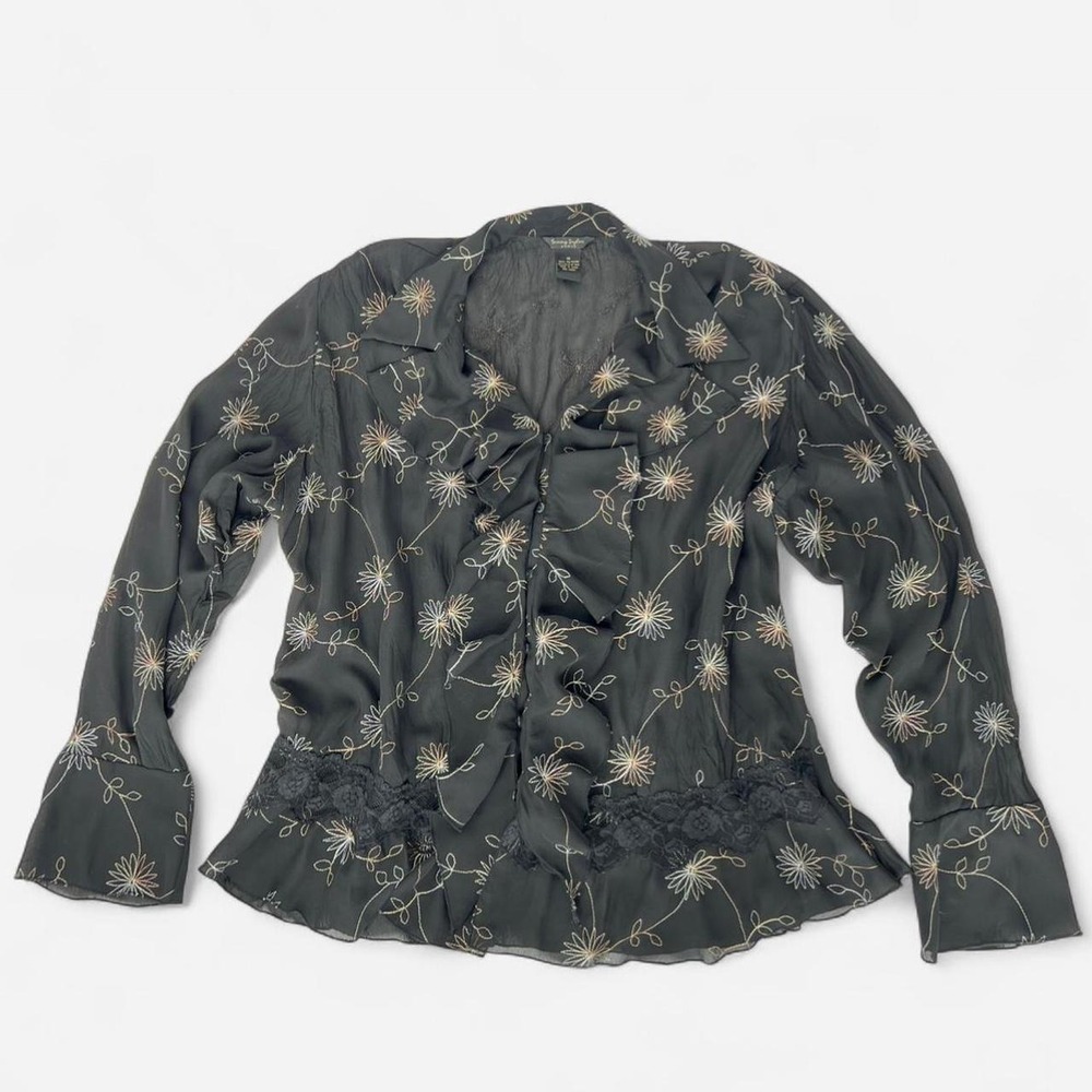Sunny Taylor sheer blouse featuring embroidered floral embroidery and ruffle